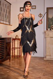 Robe noire à paillettes et franges style années 20 à fines bretelles