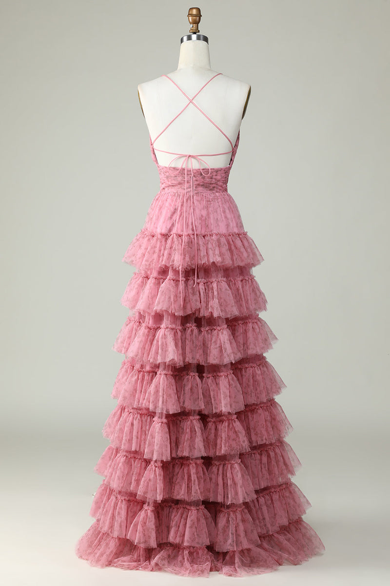 Charger l&#39;image dans la galerie, Une ligne de bretelles spaghetti Robe de bal en tulle rose superposée avec imprimé floral