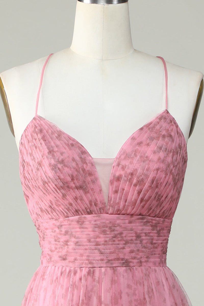 Charger l&#39;image dans la galerie, Une ligne de bretelles spaghetti Robe de bal en tulle rose superposée avec imprimé floral