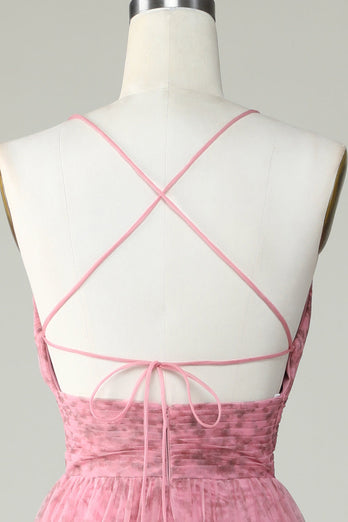 Une ligne de bretelles spaghetti Robe de bal en tulle rose superposée avec imprimé floral