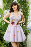 Robe de cocktail à col V profond violet ouvert avec fleurs 3D