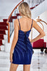 Charger l&#39;image dans la galerie, Gaine scintillante bretelles spaghetti robe de cocktail courte noire avec perles