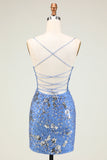 Spaghetti fourreau étincelant Straps Grey Blue Sequins Robe courte Homecoming avec Criss Cross Back