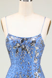 Spaghetti fourreau étincelant Straps Grey Blue Sequins Robe courte Homecoming avec Criss Cross Back