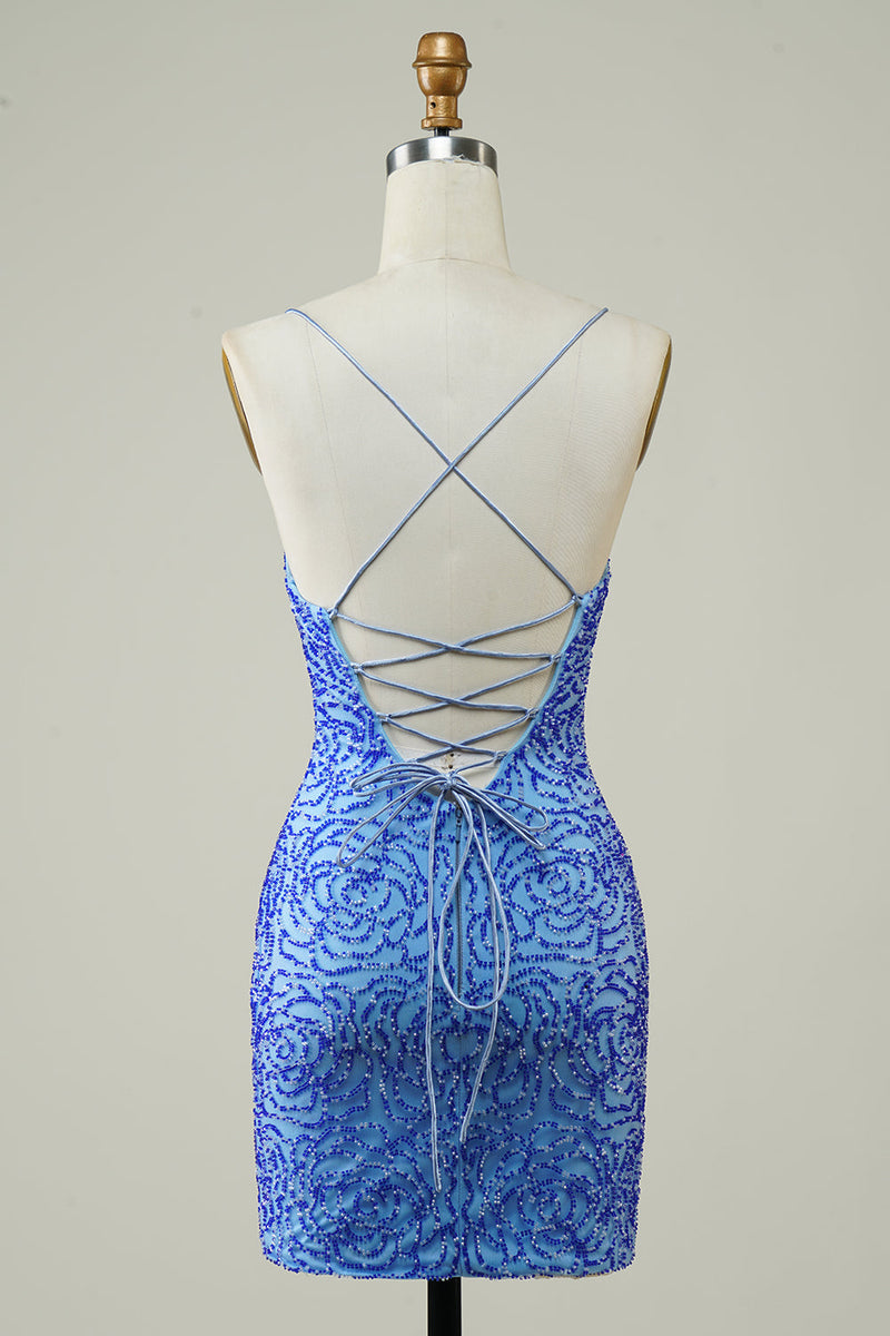 Charger l&#39;image dans la galerie, Bretelles spaghetti Robe de cocktail bleue à paillettes serrées avec perles