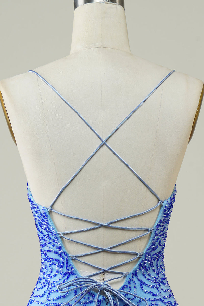 Charger l&#39;image dans la galerie, Bretelles spaghetti Robe de cocktail bleue à paillettes serrées avec perles