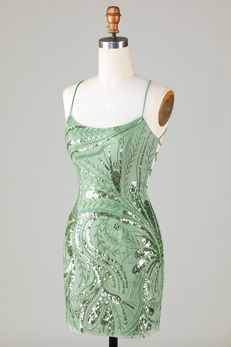 Charger l&#39;image dans la galerie, Robe de cocktail courte verte à bretelles spaghetti et gaine scintillante avec dos croisé