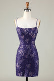 Spaghetti fourreau étincelant Sangles Violet foncé Robe courte de cocktail avec Criss Cross Back