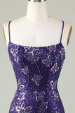 Spaghetti fourreau étincelant Sangles Violet foncé Robe courte de cocktail avec Criss Cross Back