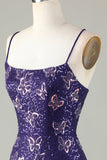 Spaghetti fourreau étincelant Sangles Violet foncé Robe courte de cocktail avec Criss Cross Back