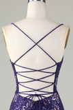 Spaghetti fourreau étincelant Sangles Violet foncé Robe courte de cocktail avec Criss Cross Back