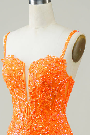 Robe de cocktial moulante orange paillettes avec perles