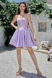 Mignon A Line Spaghetti Straps Purple Corset Cocktail Robe avec Criss Cross Back