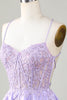Charger l&#39;image dans la galerie, Corset violet A-Line Satin Robe courte de cocktail avec dentelle