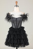 Charger l&#39;image dans la galerie, Corset perlé étincelant A-Line Robe courte noire avec plumes