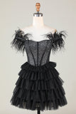 Corset perlé étincelant A-Line Robe courte noire avec plumes