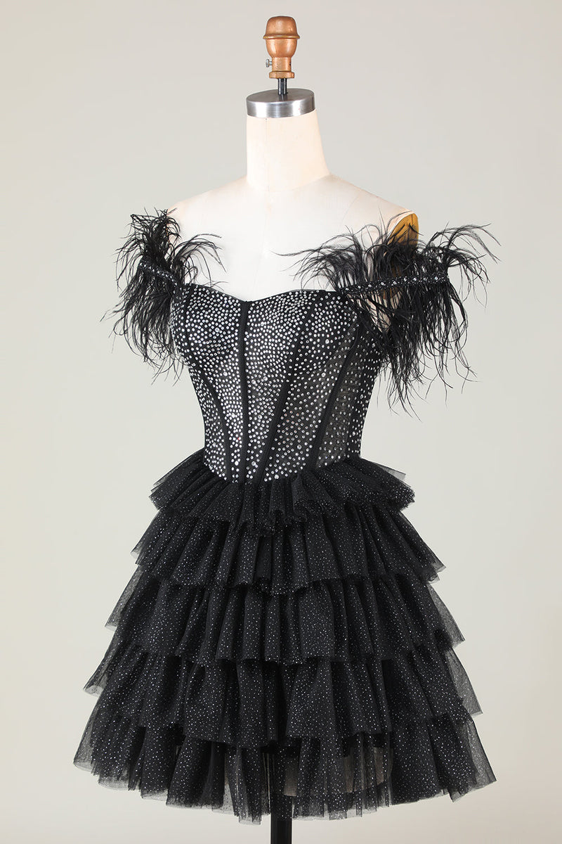 Charger l&#39;image dans la galerie, Corset perlé étincelant A-Line Robe courte noire avec plumes
