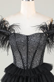 Corset perlé étincelant A-Line Robe courte noire avec plumes