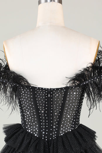 Corset perlé étincelant A-Line Robe courte noire avec plumes