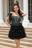 Corset perlé étincelant A-Line Robe courte noire avec plumes