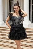 Corset perlé noir scintillant Robe courte cocktail avec plumes