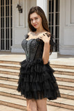 Corset perlé noir scintillant Robe courte cocktail avec plumes