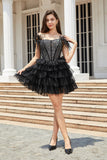 Corset perlé noir scintillant Robe courte cocktail avec plumes