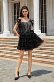 Corset perlé noir scintillant Robe courte cocktail avec plumes