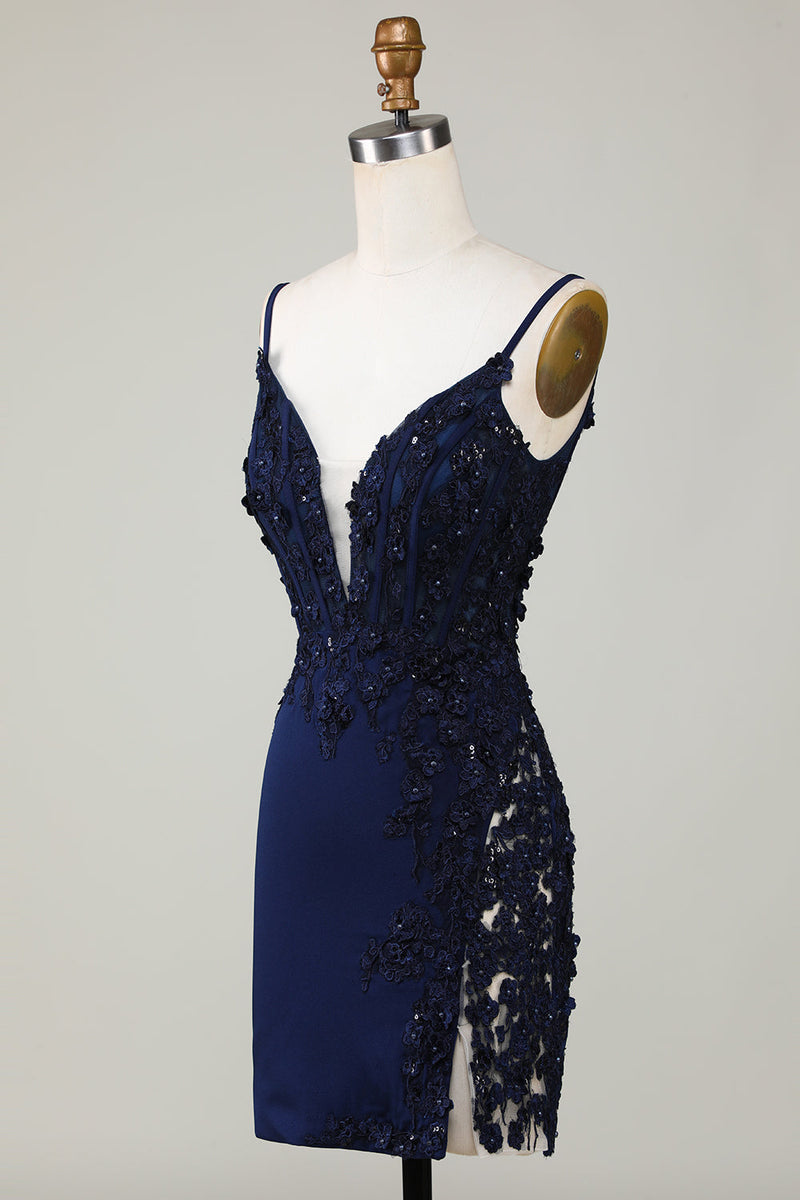 Charger l&#39;image dans la galerie, Collant corset bleu marine scintillant Robe de cocktail courte avec dentelle