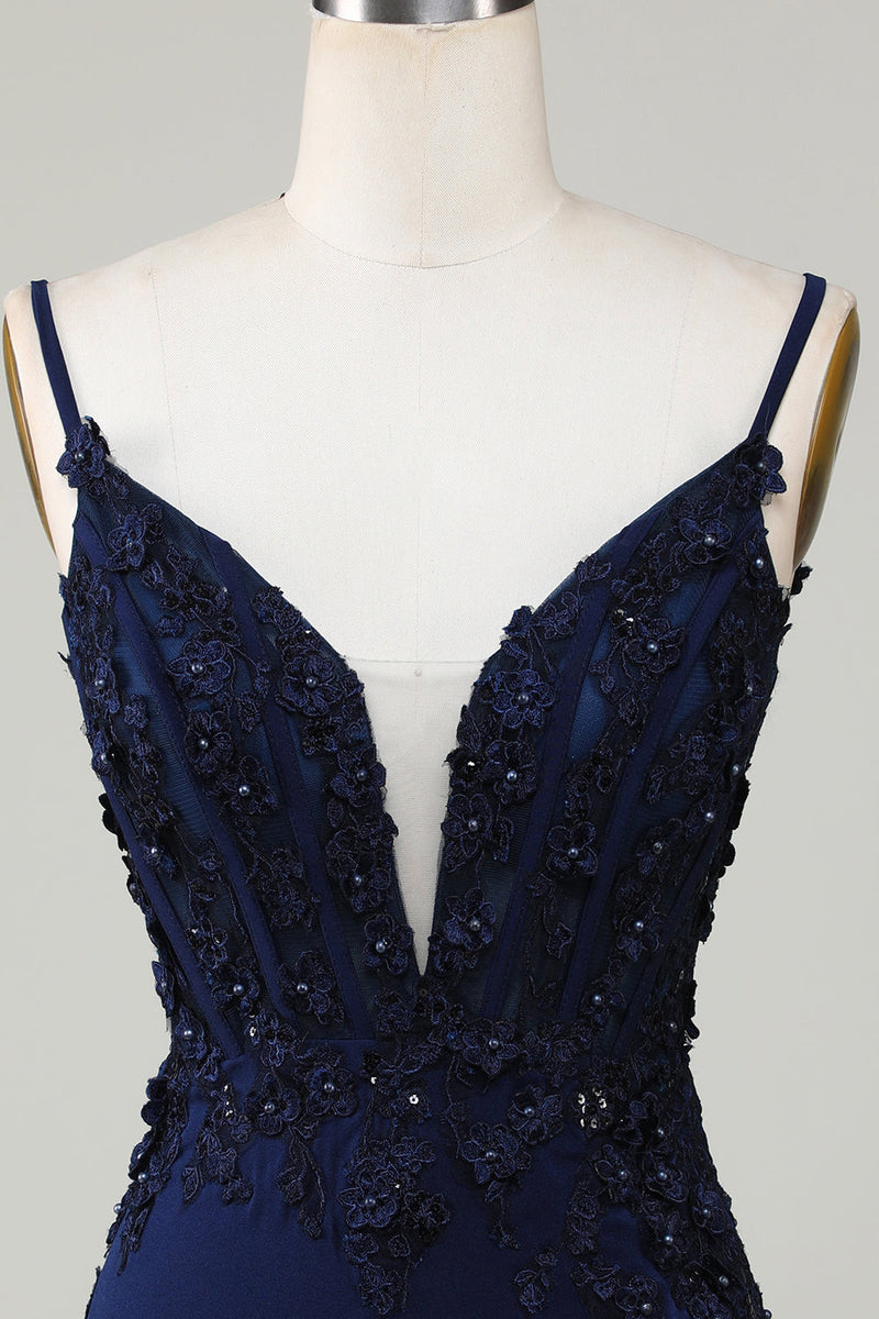 Charger l&#39;image dans la galerie, Collant corset bleu marine scintillant Robe de cocktail courte avec dentelle