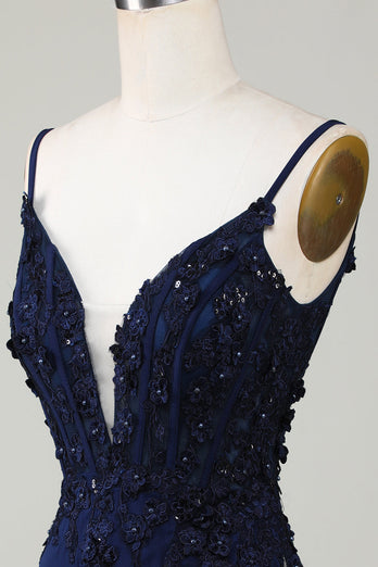 Collant corset bleu marine scintillant Robe de cocktail courte avec dentelle