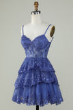 Mignon Une ligne Spaghetti Straps Bleu foncé Corset scintillant Robe de cocktail