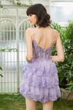 Robe de cocktail courte violette à bretelles spaghetti scintillantes