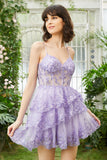 Robe de cocktail courte violette à bretelles spaghetti scintillantes
