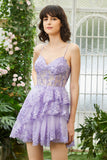 Robe de cocktail courte violette à bretelles spaghetti scintillantes