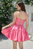 Élégantes bretelles spaghetti A-Line Fuchsia Robe courte de cocktail avec nœud papillon