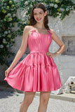 Élégantes bretelles spaghetti A-Line Fuchsia Robe courte de cocktail avec nœud papillon