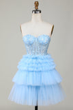 Mignon Corset A-Line Sweetheart Bleu Robe courte de cocktail à la maison avec volants