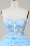 Mignon Corset A-Line Sweetheart Bleu Robe courte de cocktail à la maison avec volants