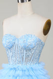 Mignon Corset A-Line Sweetheart Bleu Robe courte de cocktail à la maison avec volants