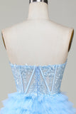 Mignon Corset A-Line Sweetheart Bleu Robe courte de cocktail à la maison avec volants