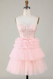 Mignon Corset A-Line Sweetheart Bleu Robe courte de cocktail à la maison avec volants