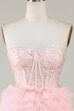 Mignon Corset A-Line Sweetheart Bleu Robe courte de cocktail à la maison avec volants