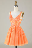 Robe de cocktail à paillettes orange scintillante A Line avec paillettes