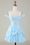 Corset bleu étincelant Dentelle à plusieurs niveaux A-Line Robe courte Cocktail