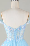 Corset bleu étincelant Dentelle à plusieurs niveaux A-Line Robe courte Cocktail