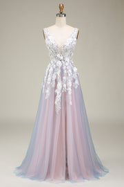 Magnifique une ligne profonde col en V gris rose longue robe de Soirée avec des appliques
