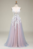 Gris Rose Une Ligne Profond Col V Longue Robe De soirée Avec Appliques