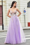 Magnifique une ligne Spaghetti Bretelles lilas Longue robe de bal avec Appliques