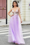 Magnifique une ligne Spaghetti Bretelles lilas Longue robe de bal avec Appliques